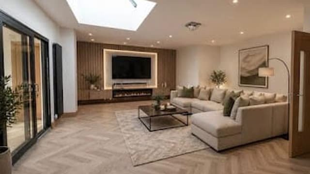 Living room renovated by Kingdom Build with herringbone flooring and a rooflight above